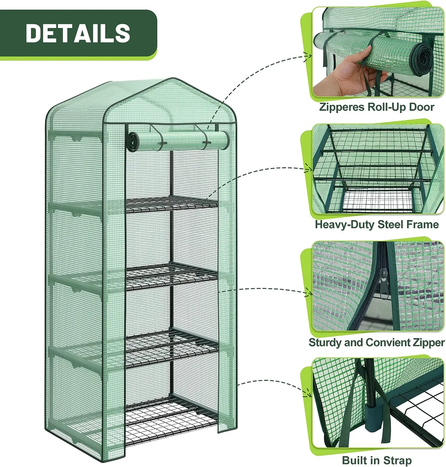 4 Tier Mini Greenhouse Indoor Outdoor with PE Cover and Roll-Up Zipper Door, Portable Greenhouse Tent Grow Seeds & Seedlings, 27x19x63-Inch