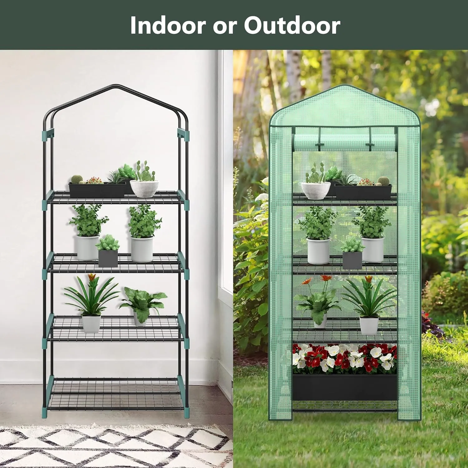 4 Tier Mini Greenhouse Indoor Outdoor with PE Cover and Roll-Up Zipper Door, Portable Greenhouse Tent Grow Seeds & Seedlings, 27x19x63-Inch