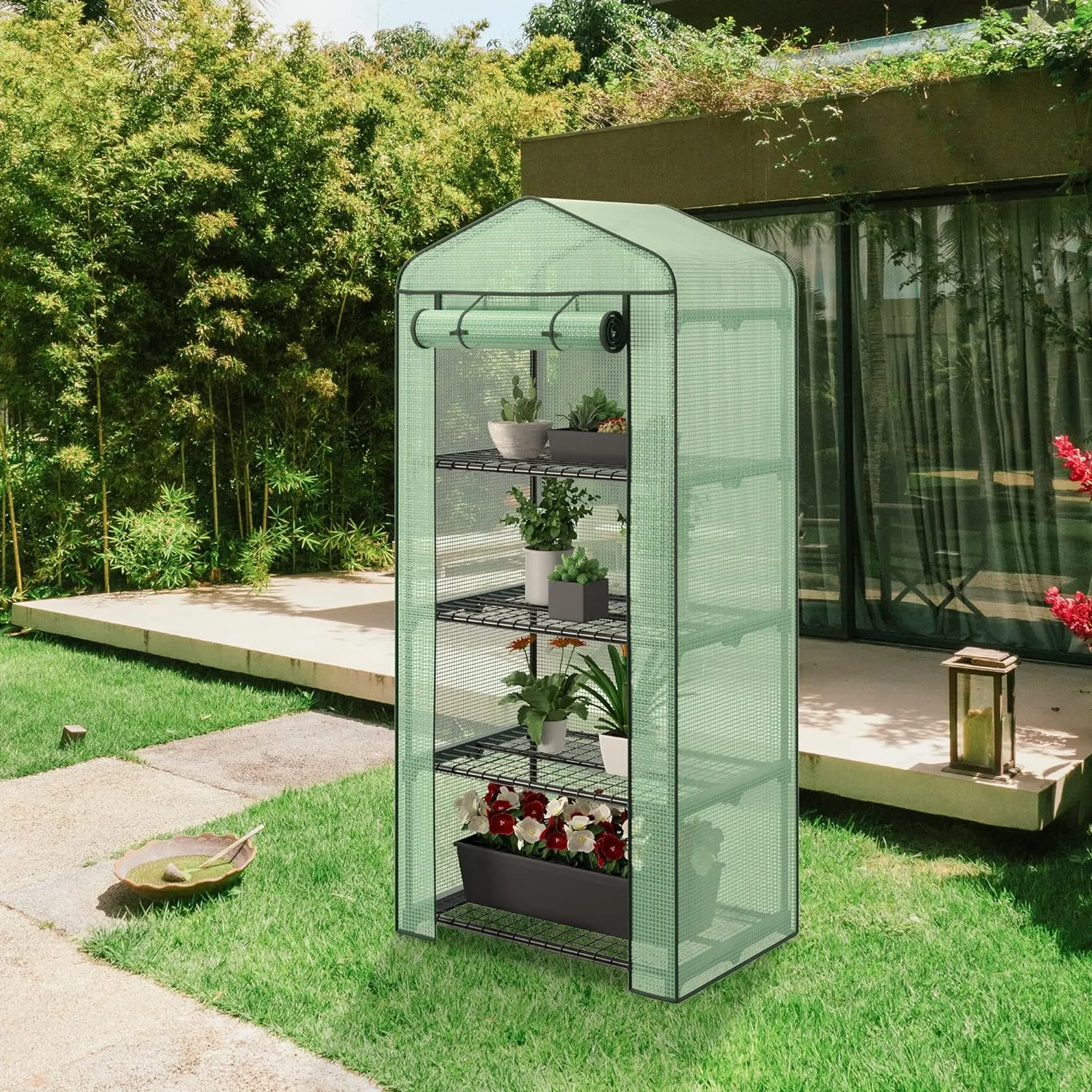 4 Tier Mini Greenhouse Indoor Outdoor with PE Cover and Roll-Up Zipper Door, Portable Greenhouse Tent Grow Seeds & Seedlings, 27x19x63-Inch