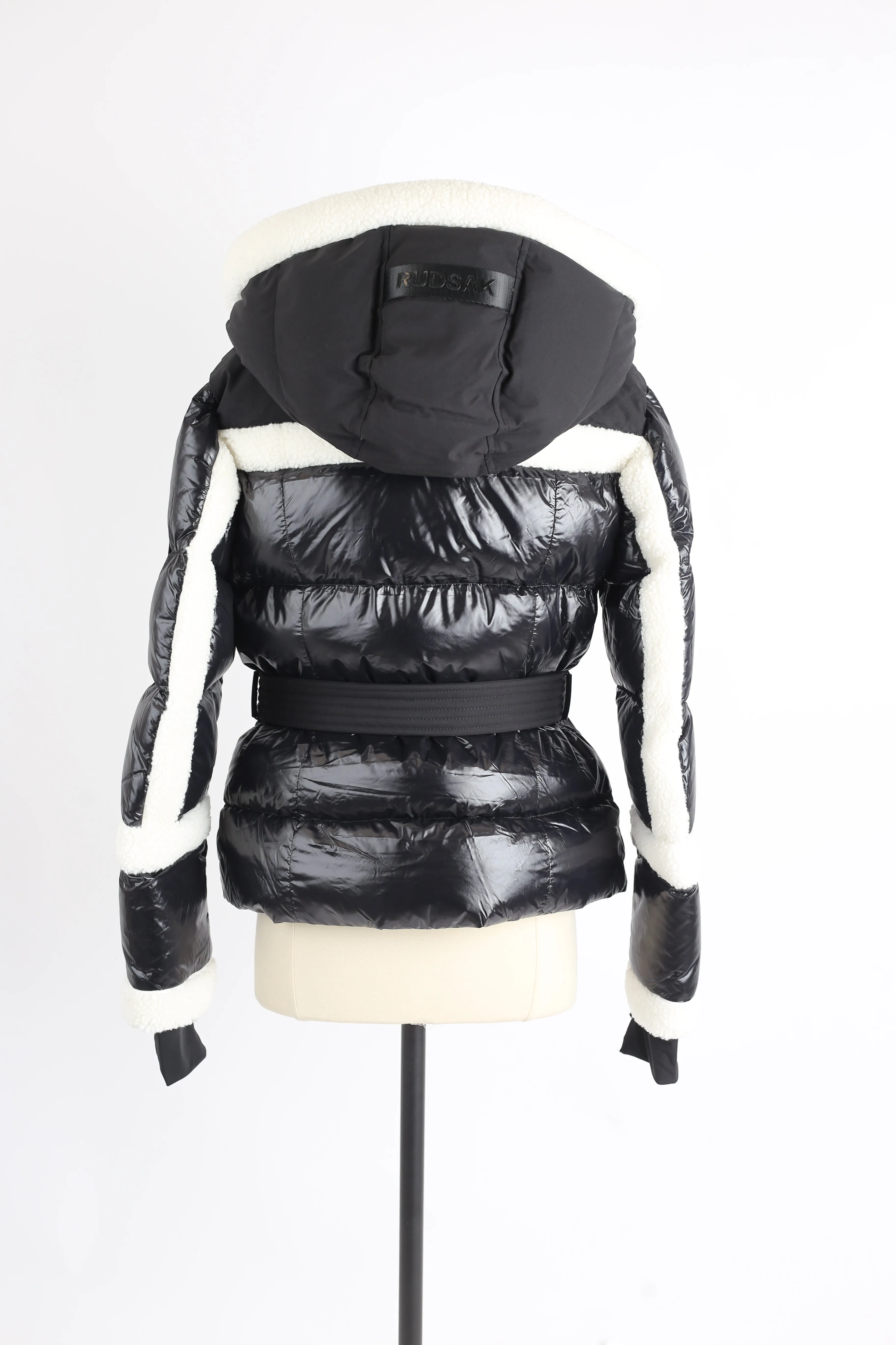 Audrey Faux Shearling Trim Down Belted Puffer Jacket