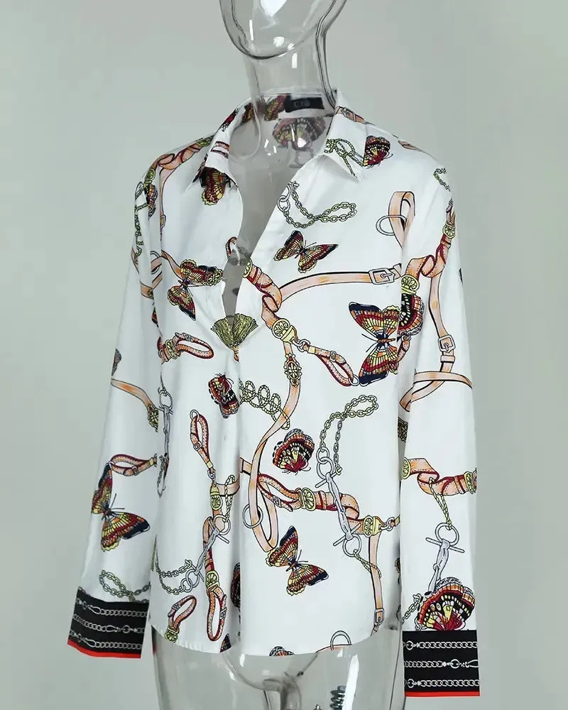 Deanwangkt - Chain Butterfly Print Long Sleeve Casual Shirt