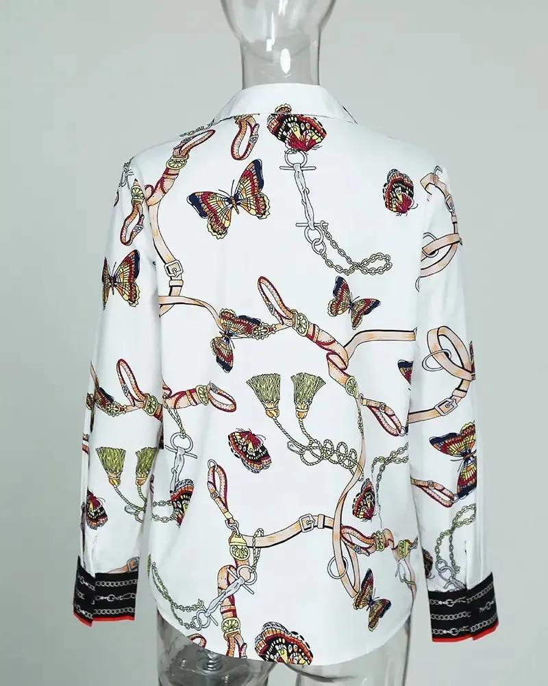 Deanwangkt - Chain Butterfly Print Long Sleeve Casual Shirt