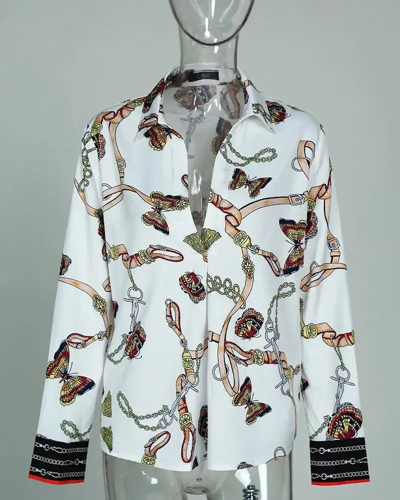 Deanwangkt - Chain Butterfly Print Long Sleeve Casual Shirt