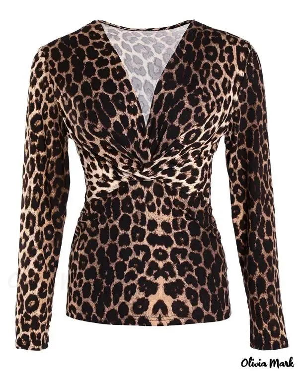 Deanwangkt - Cheetah Print V-Neck Long Sleeve Blouse