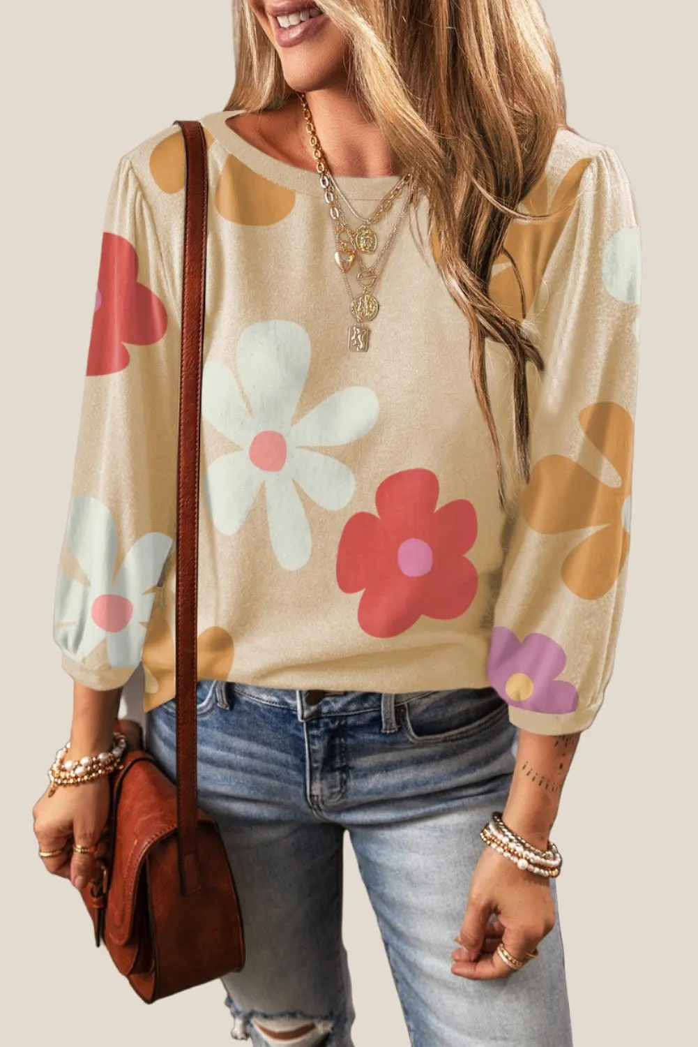 Floral Printed Long Sleeve Top for Ladies - Apricot Beige