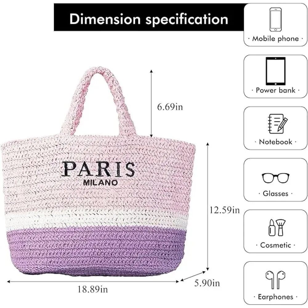 Large Straw Beach Bag – Woven Shoulder Tote Bag – Paris/Milano