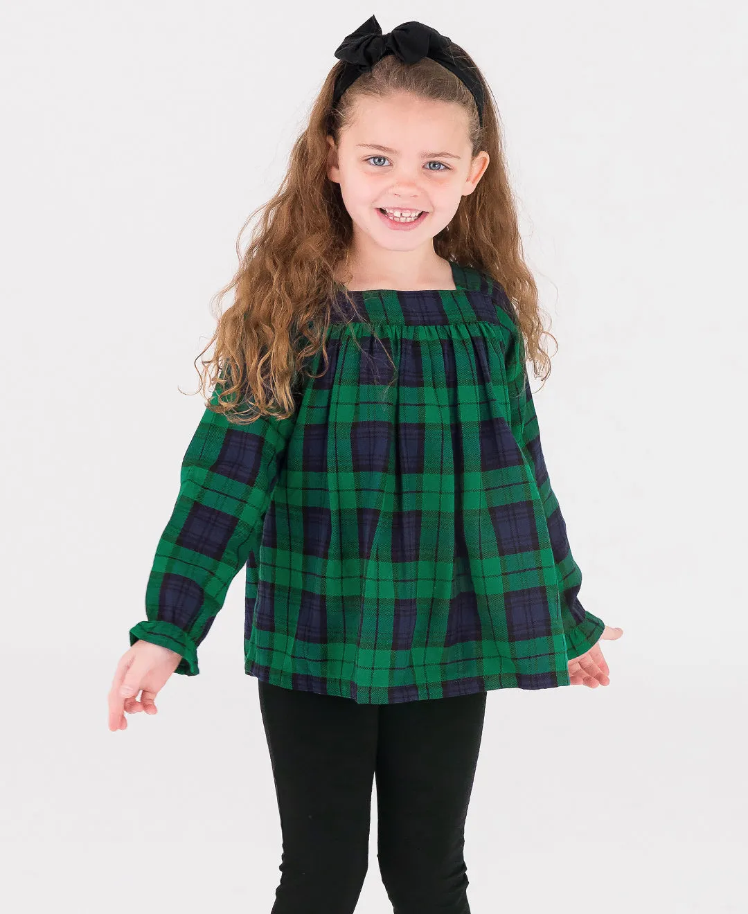 Long Sleeve Peasant Top - Hunter Plaid