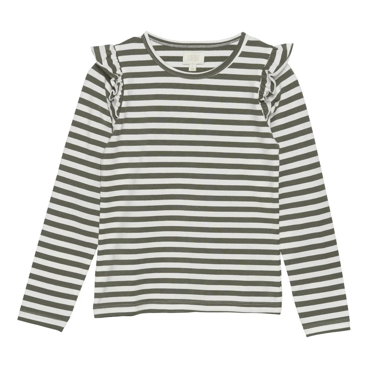 Long Sleeve Striped Ruffle Tee - Olive